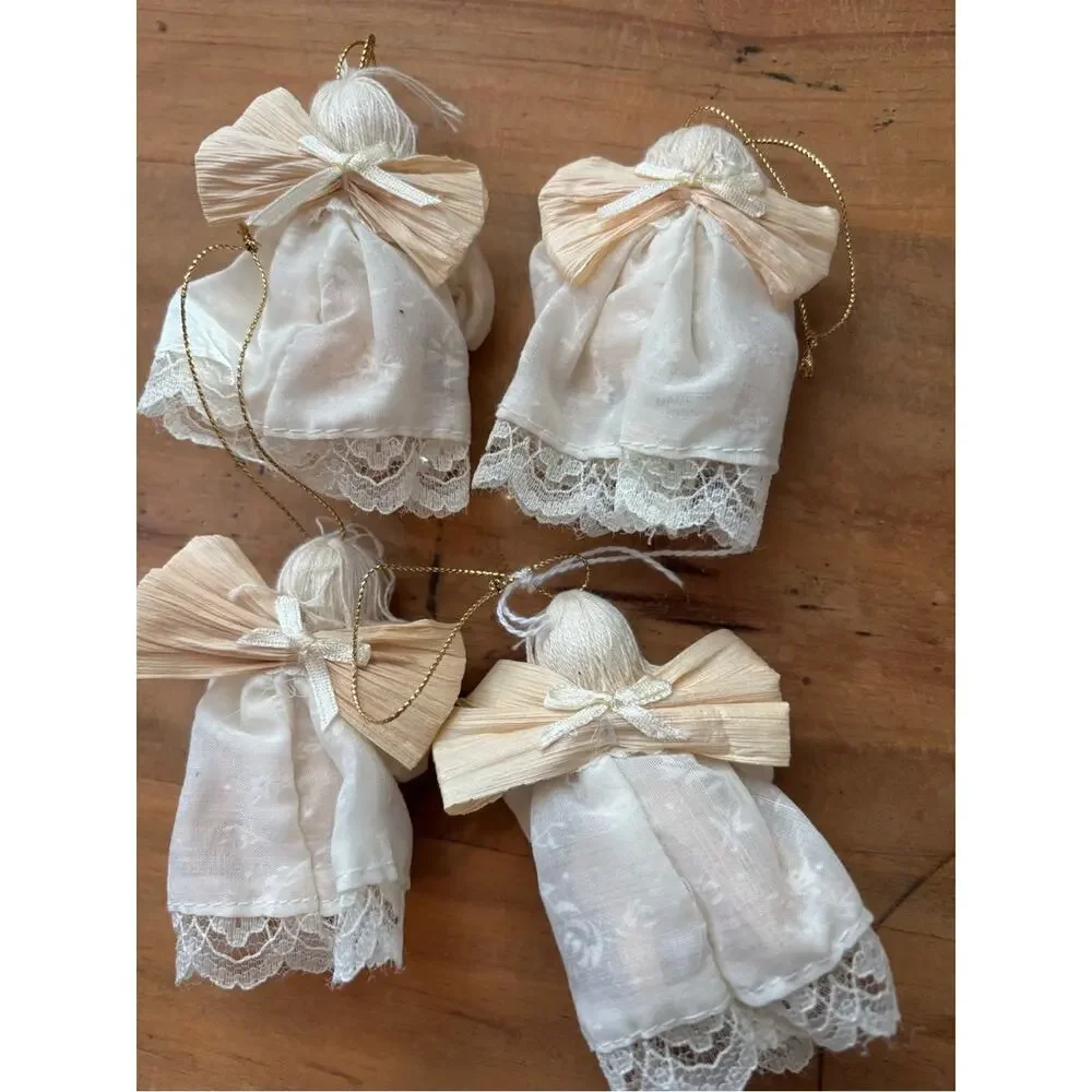 Vintage Handmade Corn Husk White Gold Angel Ornaments Set of 4 County Christmas